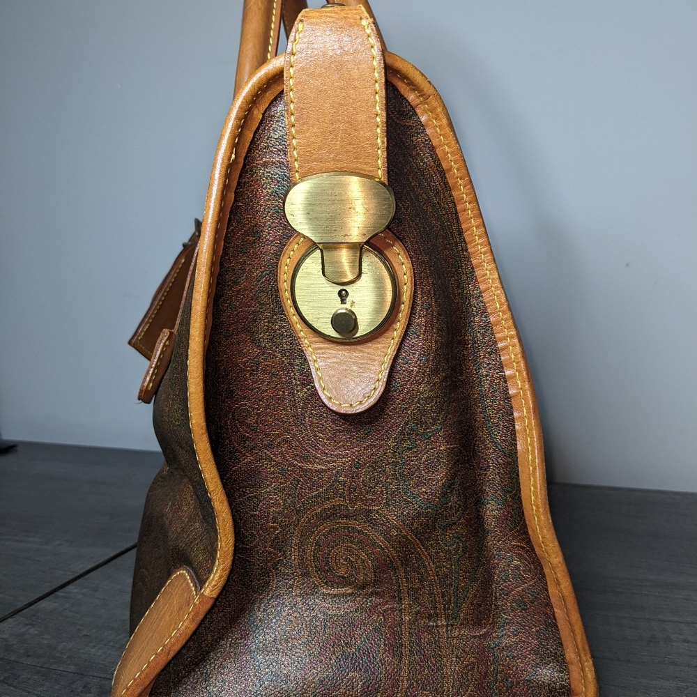 Etro | Vintage Milano Burgundy Paisley Tan Trim Leather Tote Bag - Picture 6 of 8